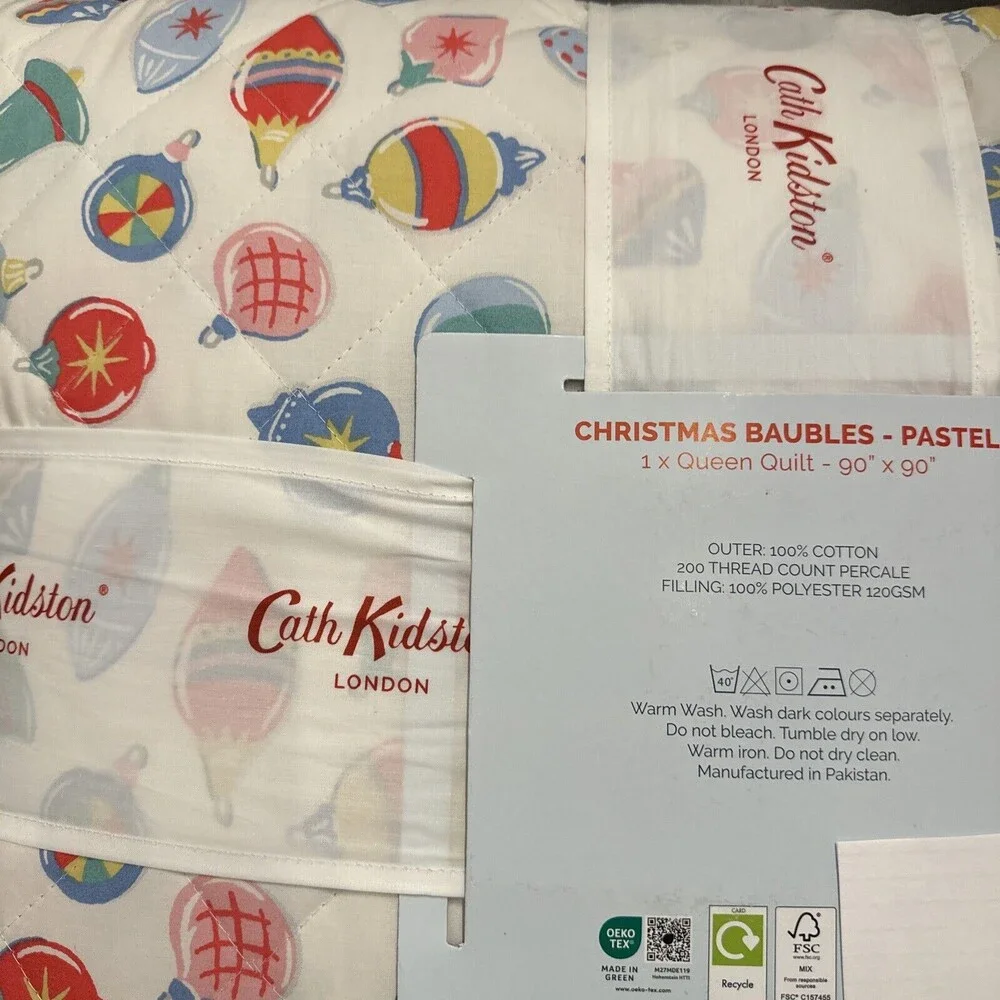 Cath Kidston London Christmas Baubles Pastel Queen Quilt Cotton New ornaments